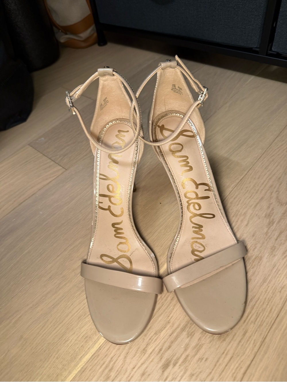 Sam Edelman Beige Patent Ankle-Strap Heels